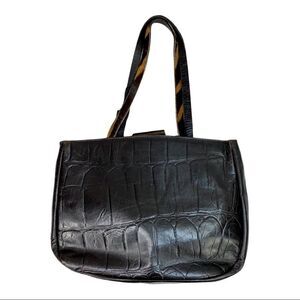 Falor Deep Brown Crocodile Embossed Leather Shoulder Bag Purse Calf Hair Strap